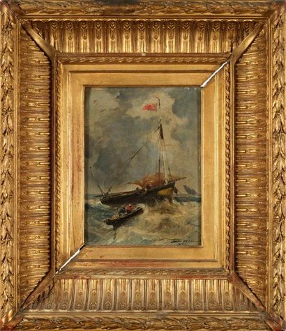 Jules NOËL Jules NOEL (1810-1881) - Boats in stormy seas - Oil on panel signed lower...