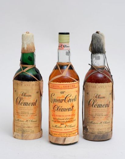 RHUM et liqueur 3 bottles: 2 RHUM CLEMENT 15 years old, 1 LIQUEUR CÉOLE CLÉMENT (with...