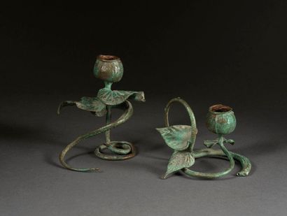 Claude LALANNE Claude LALANNE (1925-2019) - Candleholders, 1989 - Bronze with green...