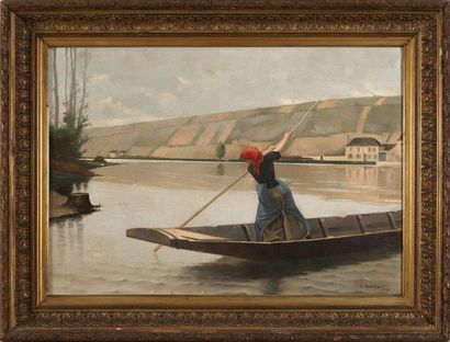 Eugène Jules DELAHOGUE Eugène Jules DELAHOGUE (1867-1934) - Jeune femme à la barque...