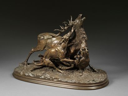 Pierre-Jules MÊNE Pierre-Jules MÊNE (1810-1879) - Deer hunting, N°2 - Bronze with...