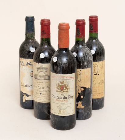 Vins divers 5 bottles: 1 MOUTON CADET 1990 Bordeaux, 1 CHÂTEAU DU PUY 1997 Bordeaux,...