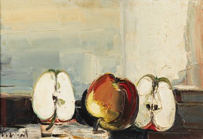 Louis Travert Louis TRAVERT (born 1919) Still life with two apples Oil on canvas...