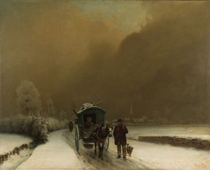 Fleury Chenu 
Fleury CHENU (1833 - 1875 ) - La carriole sur un chemin enneigé - 

Huile...