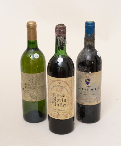 Vins divers 3 bouteilles : 1 CHÂTEAU GLORIA 1982 Saint Julien, 1 CHÂTEAU MILLET 1989...