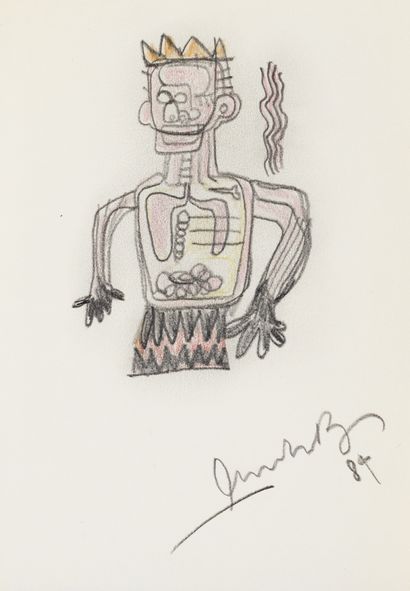 null 
Jean-Michel BASQUIAT (1960-1988) - Anatomical figure with crown - Pencil drawing...
