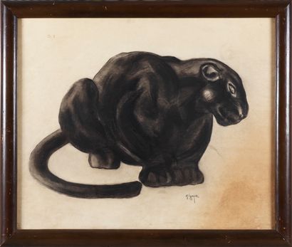 Georges Guyot Georges GUYOT (1885-1973) - Crouching Panther - Charcoal drawing signed... Gazette Drouot