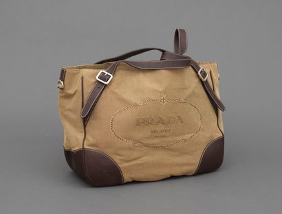 Prada PRADA - Grand sac cabas en toile beige damassé et cuir marron foncé - Deux...