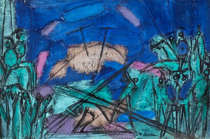 Félix VARLA Félix VARLA (1903-1986) - Blue landscape with horsemen - Mixed technique...