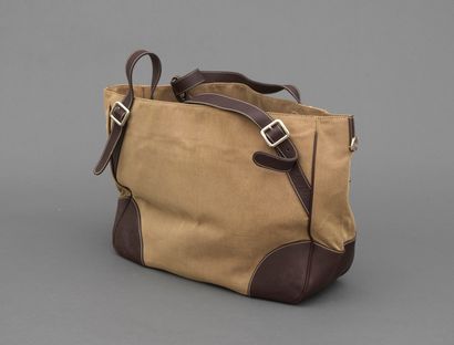 Prada PRADA - Grand sac cabas en toile beige damassé et cuir marron foncé - Deux...