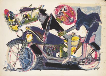 Bernard LORJOU 
Bernard LORJOU (1908-1986) - Composition with a motorcycle -Lithograph...