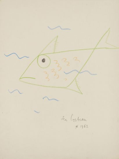 Jean COCTEAU 
Jean COCTEAU (1889-1963)- Fish - Coloured pencil drawing signed in...