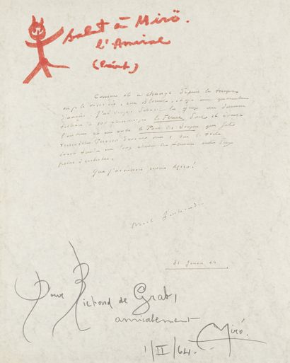 JOAN MIRÒ In a portfolio : a photo of Miro - Dedicated "To Richard de Grab, with...