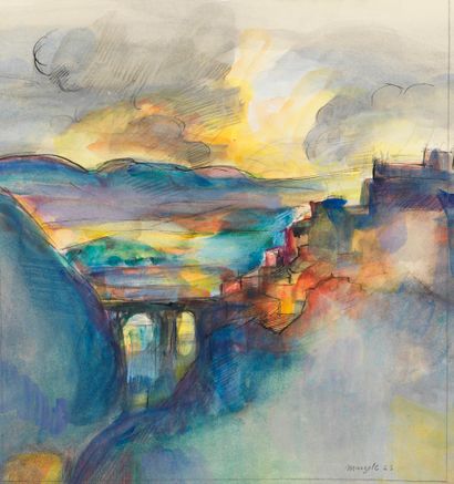 Jean MARZELLE Jean MARZELLE (1916-2005) - Bridge and cliff - Watercolor - Signed...
