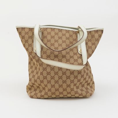 Gucci GUCCI - Petit sac cabas en toile monogramme et pécari de couleur crème - Intérieur...