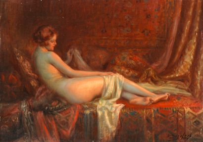 Delphin ENJOLRAS Delphin ENJOLRAS (1857-1945)- Femme allongée - Huile sur toile signée...