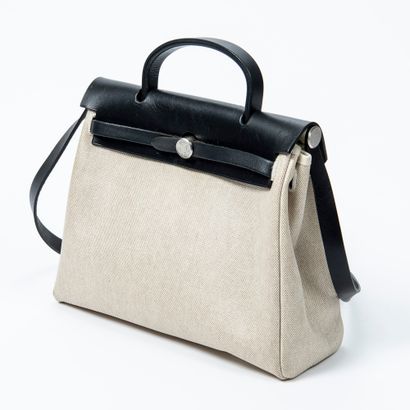 Hermès HERMES - HerBag in H and raw canvas with an interchangeable black canvas pouch...
