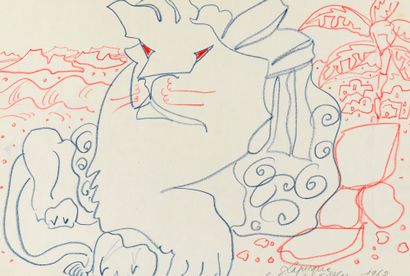 Charles Lapicque Charles LAPICQUE (1898-1988) - Le lion de l'atlas - Dessin aux crayons...