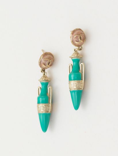 Chanel CHANEL - Pair of earrings representing an amphora in blue lacquered metal...