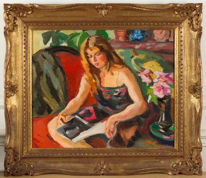 Pierre CORNU Pierre CORNU (1895-1996) - Femme lisant- Huile sur toile signée en bas...