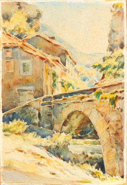 Henri LEBASQUE Henri LEBASQUE (1865-1937) - Le Pont - Aquarelle signée en bas à gauche...