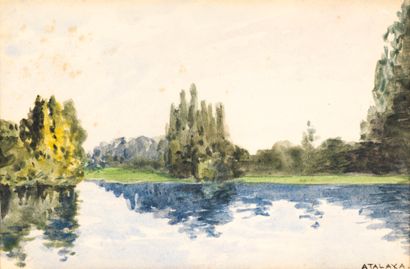 Enrique ATALAYA Enrique ATALAYA (1851-1914) - Paysage près d'un lac - Aquarelle signée...