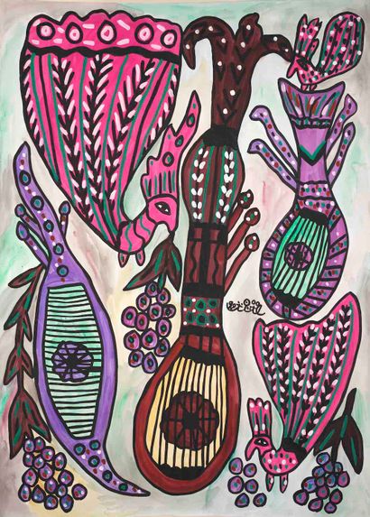 BAYA BAYA (1931-1998) - Bird and musical instruments - Gouache signed in the center...