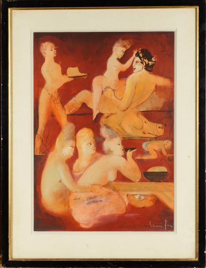 Léonor FINI 
Léonor FINI (1907-1996)- Erotic scene -Lithograph and gouache signed...