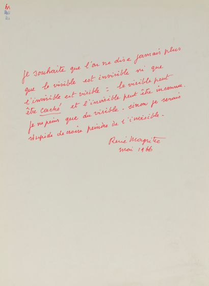 René MAGRITTE 
René MAGRITTE - Texte sur carton de la main de l'artiste "Je souhaite...