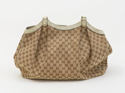 Gucci GUCCI - Large tote bag in monogrammed canvas and beige leather - Brown fabric...