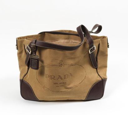 Prada PRADA - Large tote bag in beige damask canvas and dark brown leather - Two...