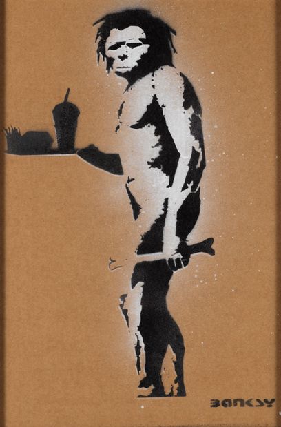 BANKSY 
BANKSY (1974) - Fast food Caveman - Aérosol et pochoir sur carton - Signé...