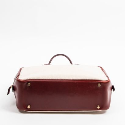 Hermès HERMES - Feathered handbag in red box calfskin and ecru canvas H - Inside...