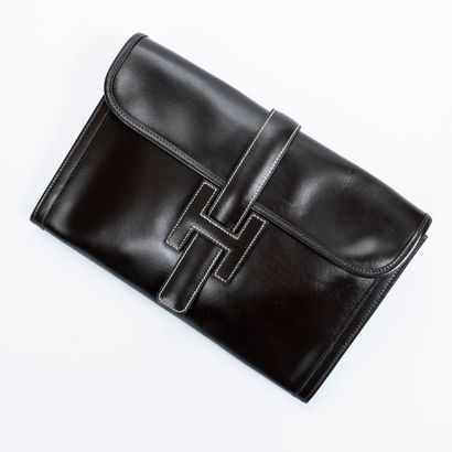 Hermès HERMES - Jige clutch bag in dark brown box calf - Inside in H canvas - Very...