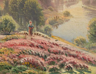Gaston ANGLADE Gaston ANGLADE (1854-1919) - Jeune femme dans un paysage animé - Huile...