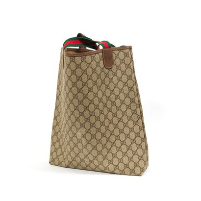 Gucci GUCCI - Sac cabas en toile enduite monogramme pécari et bande de coton bicolore...