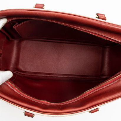 Hermès HERMES - Feathered handbag in red box calfskin and ecru canvas H - Inside...