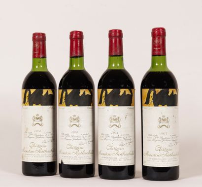null 4 bottles Château Mouton Rothschild 1974 - 3 very light low / high shoulder...