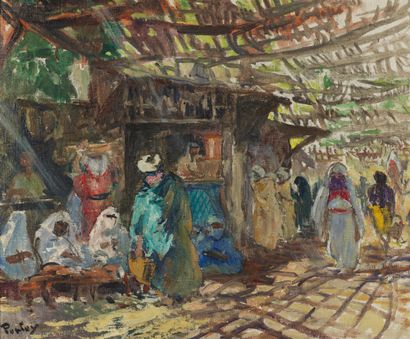 Henri Jean PONTOY Henri Jean PONTOY (1888-1968) - Souk à Fez ) Oil on signed lower...