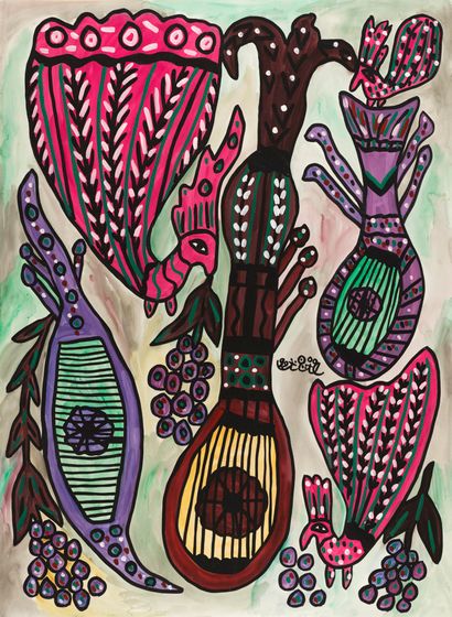 BAYA 
BAYA (1931-1998) - Oiseau et instruments de musique - Gouache signée au centre...