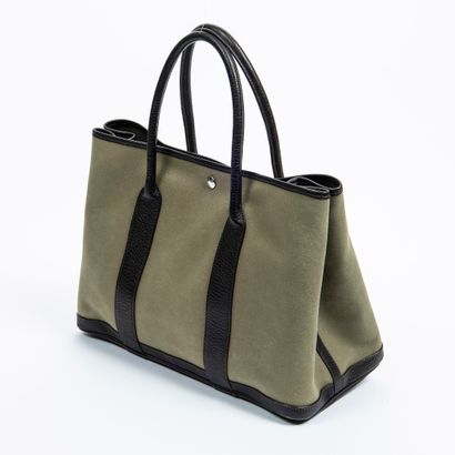Hermès HERMES -Handbag Garden model - In khaki canvas and dark brown buffalo - Unlined...