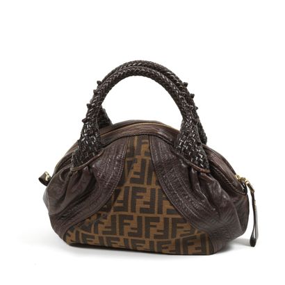 Fendi FENDI - Brown leather and monogrammed woven canvas handbag - Central zip closure...