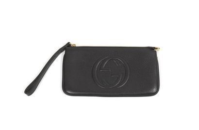 Gucci GUCCI - Small black grained leather pouch - Cream fabric inside - Zipper closure...
