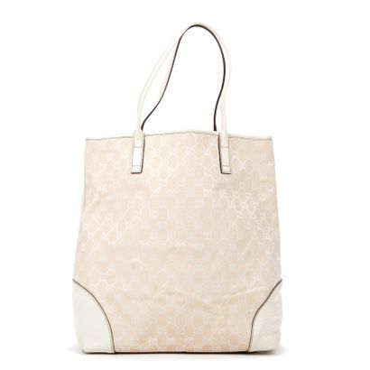 Gucci GUCCI - Tote bag in monogrammed woven canvas and white leather - Fabric lining...