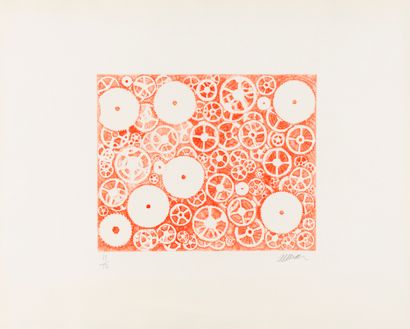 Arman ARMAN (1928-2005) - Seven cogs, red background, 1970 - Drypoint in colors,...