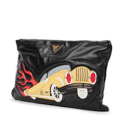 Prada PRADA - Black lambskin pouch with vehicle decorations on the front made of...