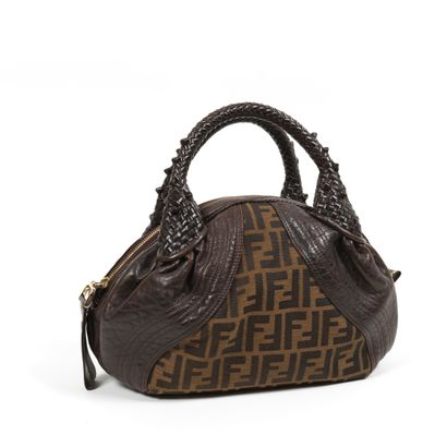 Fendi FENDI - Brown leather and monogrammed woven canvas handbag - Central zip closure...
