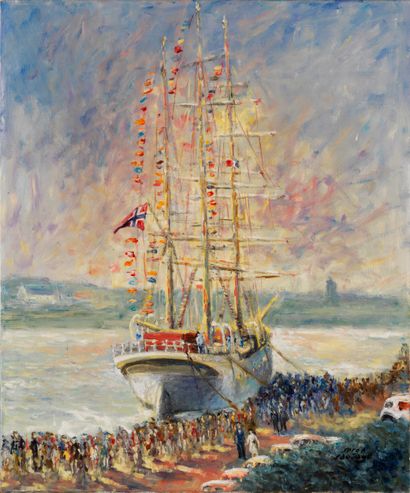 Serge SAUVAGE Serge SAUVAGE - Sailing boat in Saint-Malo - Oil on canvas signed lower...
