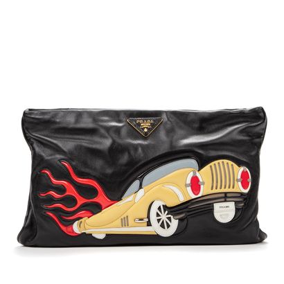 Prada PRADA - Black lambskin pouch with vehicle decorations on the front made of...