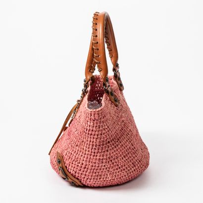 Balenciaga BALENCIAGA - Shopping bag in pink woven raffia - Handles and yoke in cognac...